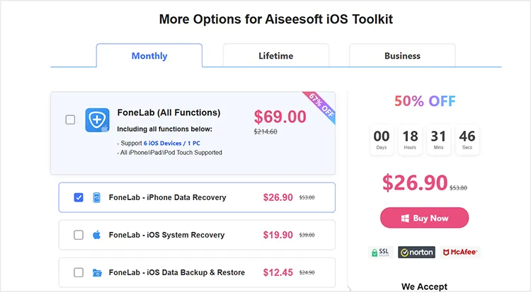 preço da recuperação de dados do iphone aiseesoft fonelab