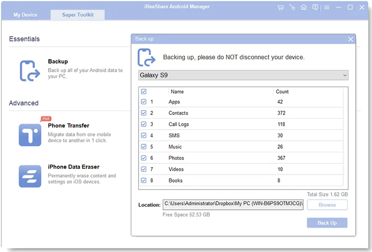 esegui il backup di Android sul PC con 1 clic