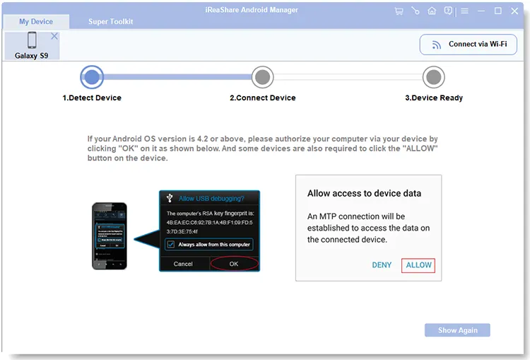 follow the guide to enable usb debugging on android