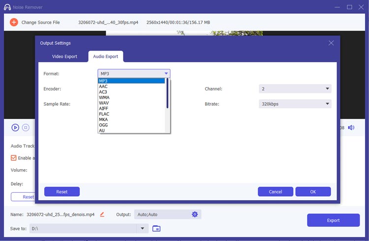 set up audio export settings