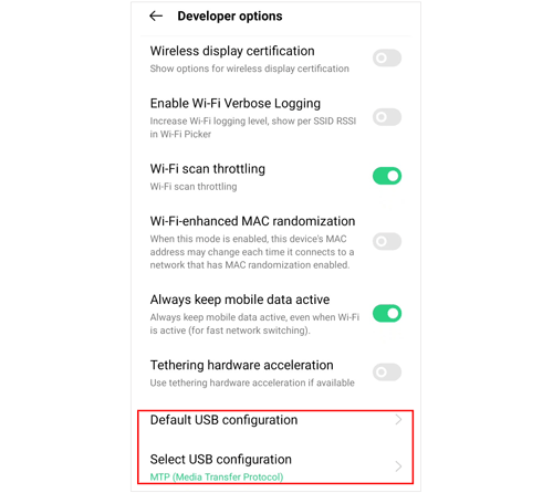 configuración usb predeterminada en android