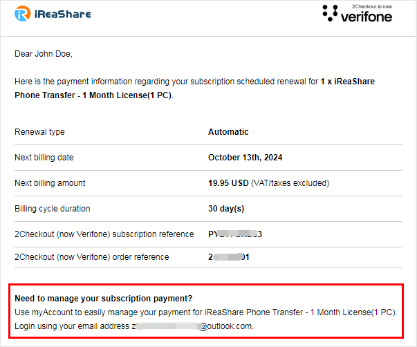 gerenciar o pagamento da assinatura por e-mail