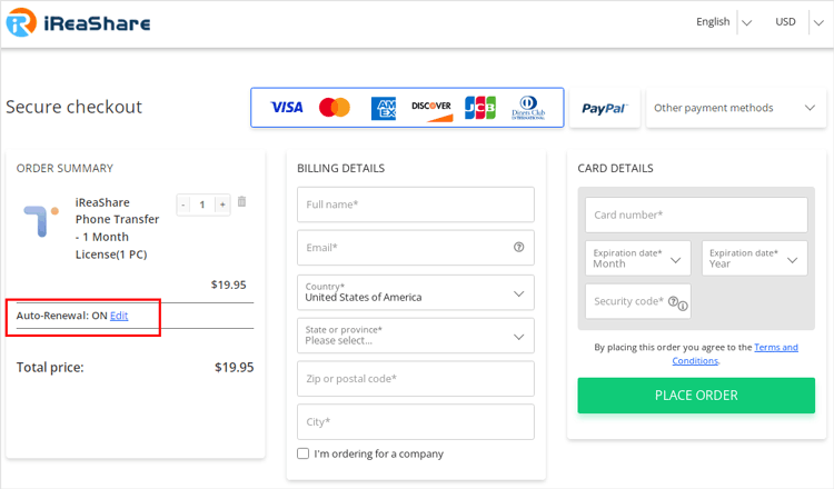 ativar ou desativar o serviço de renovação automática