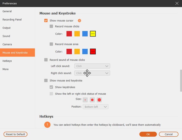 mouse and keystroke settings