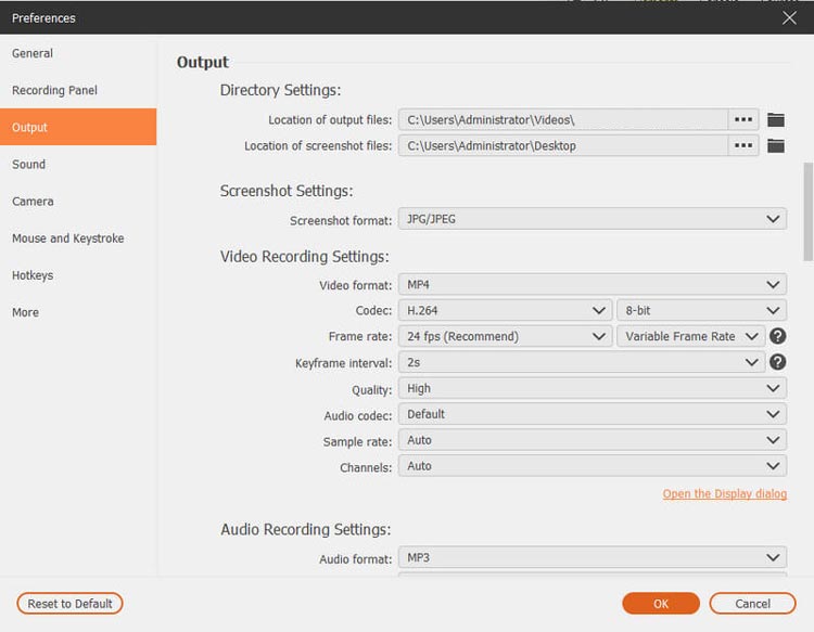 output settings