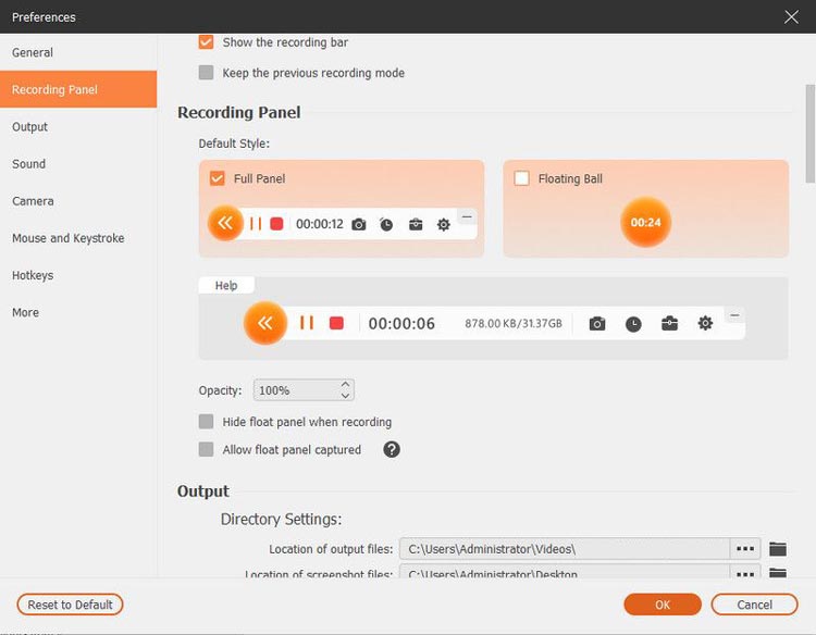 recording panel settings