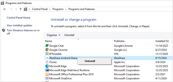 uninstall programs with control panel