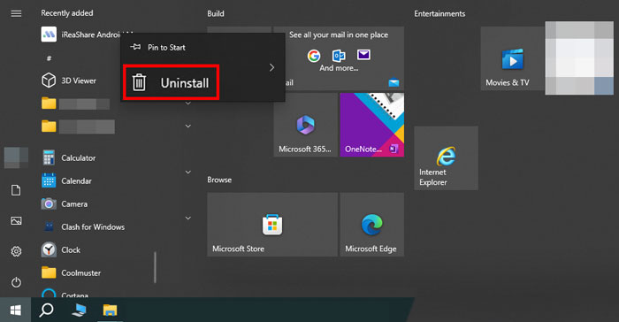 uninstall a program on windows pc via start menu