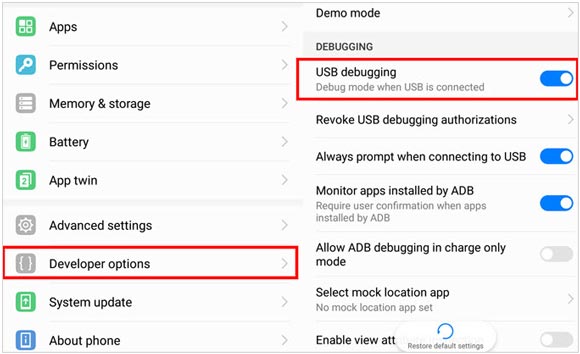 enable android usb debugging