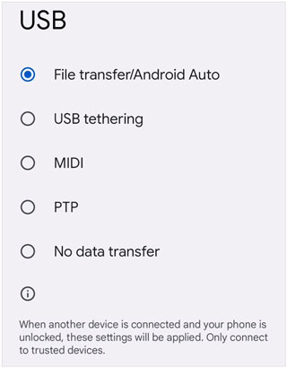 opzione di connessione USB su Android